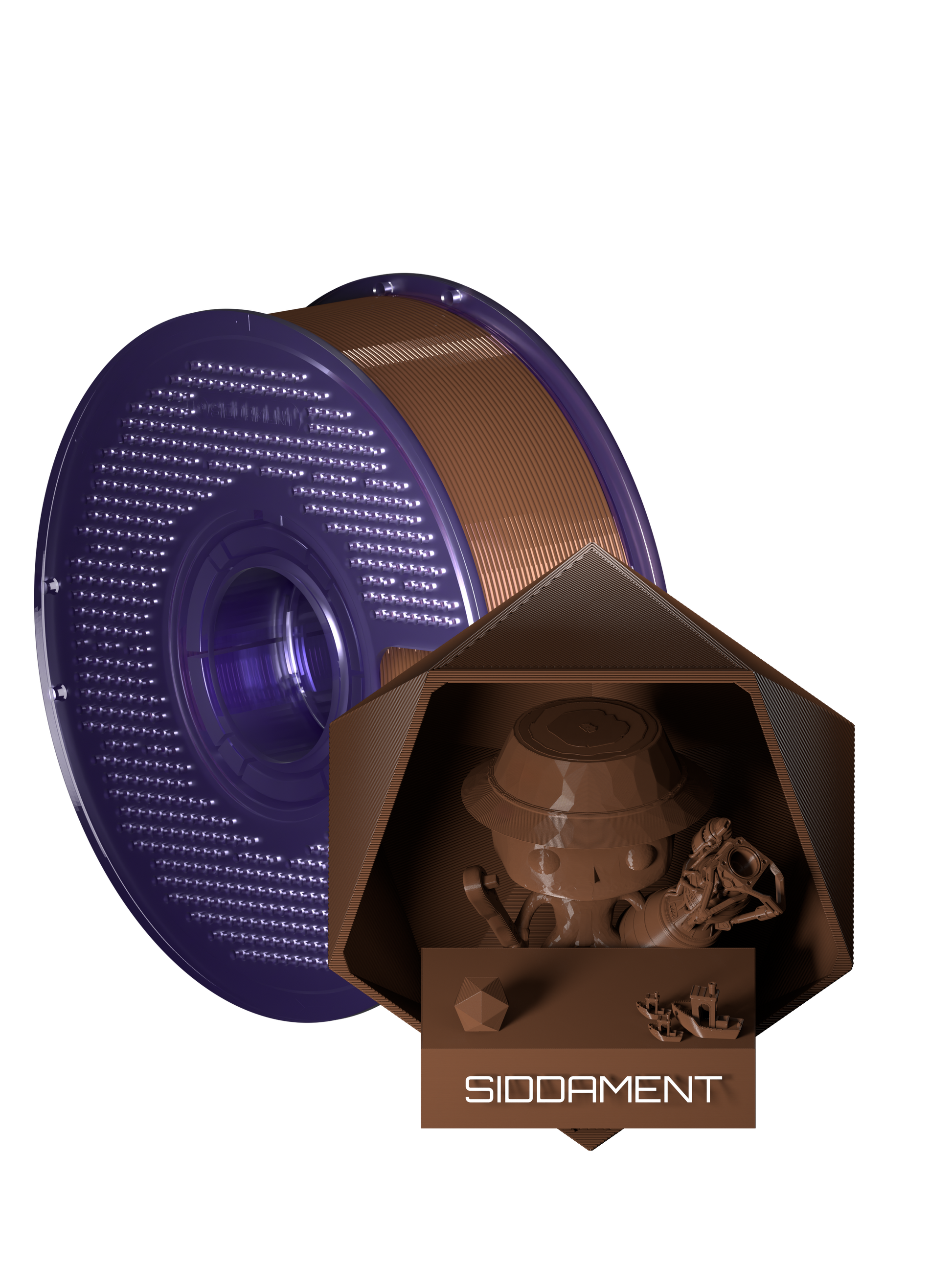 Brown PCTG filament on a transparent purple SIDDAMENT spool