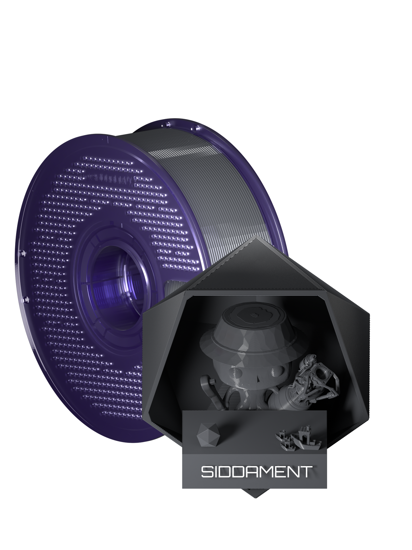 Burnt Grey PCTG filament on a transparent purple SIDDAMENT spool