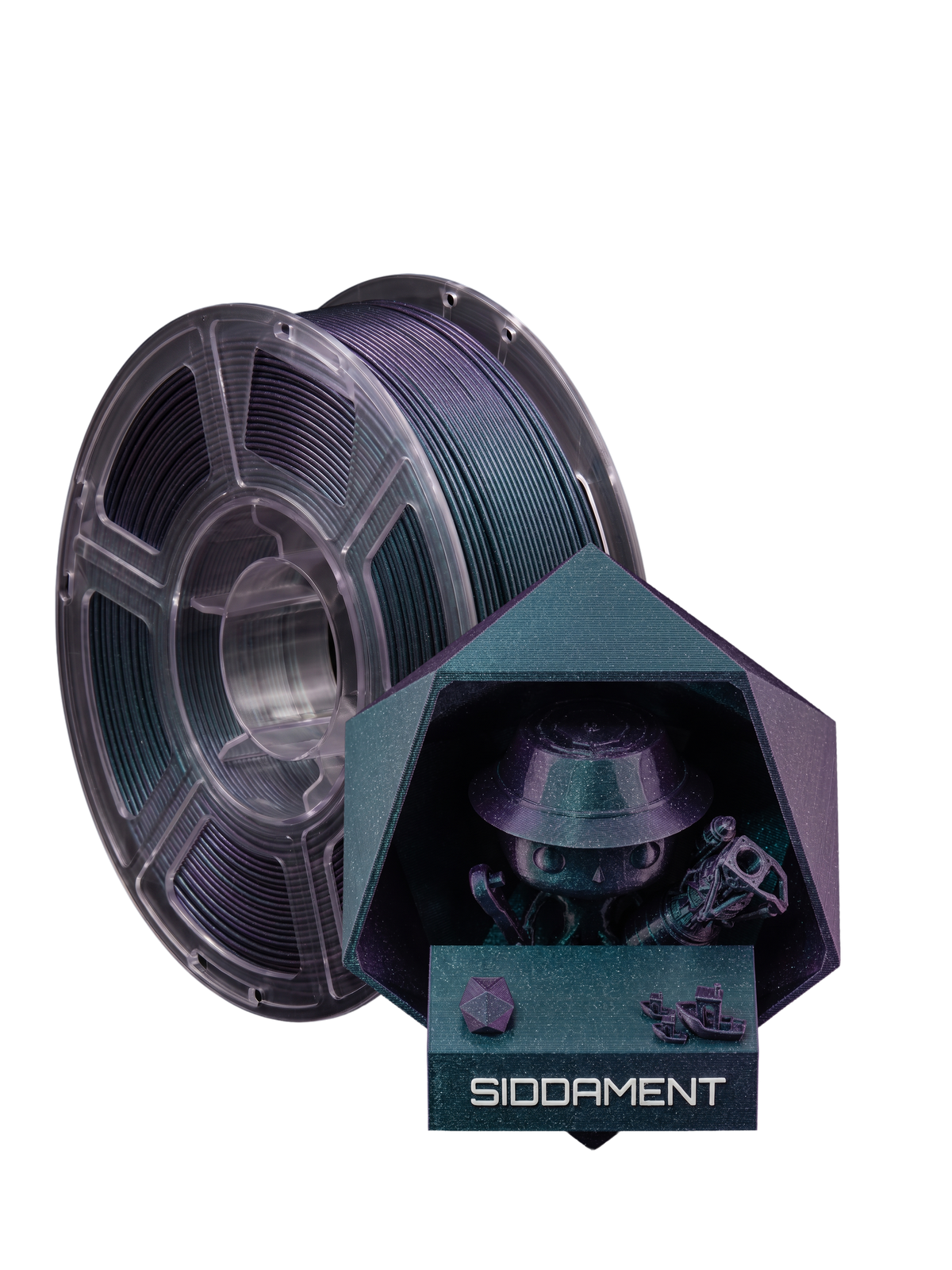 Burnt Titanium PETG on a SIDDAMENT spool with a printed figure