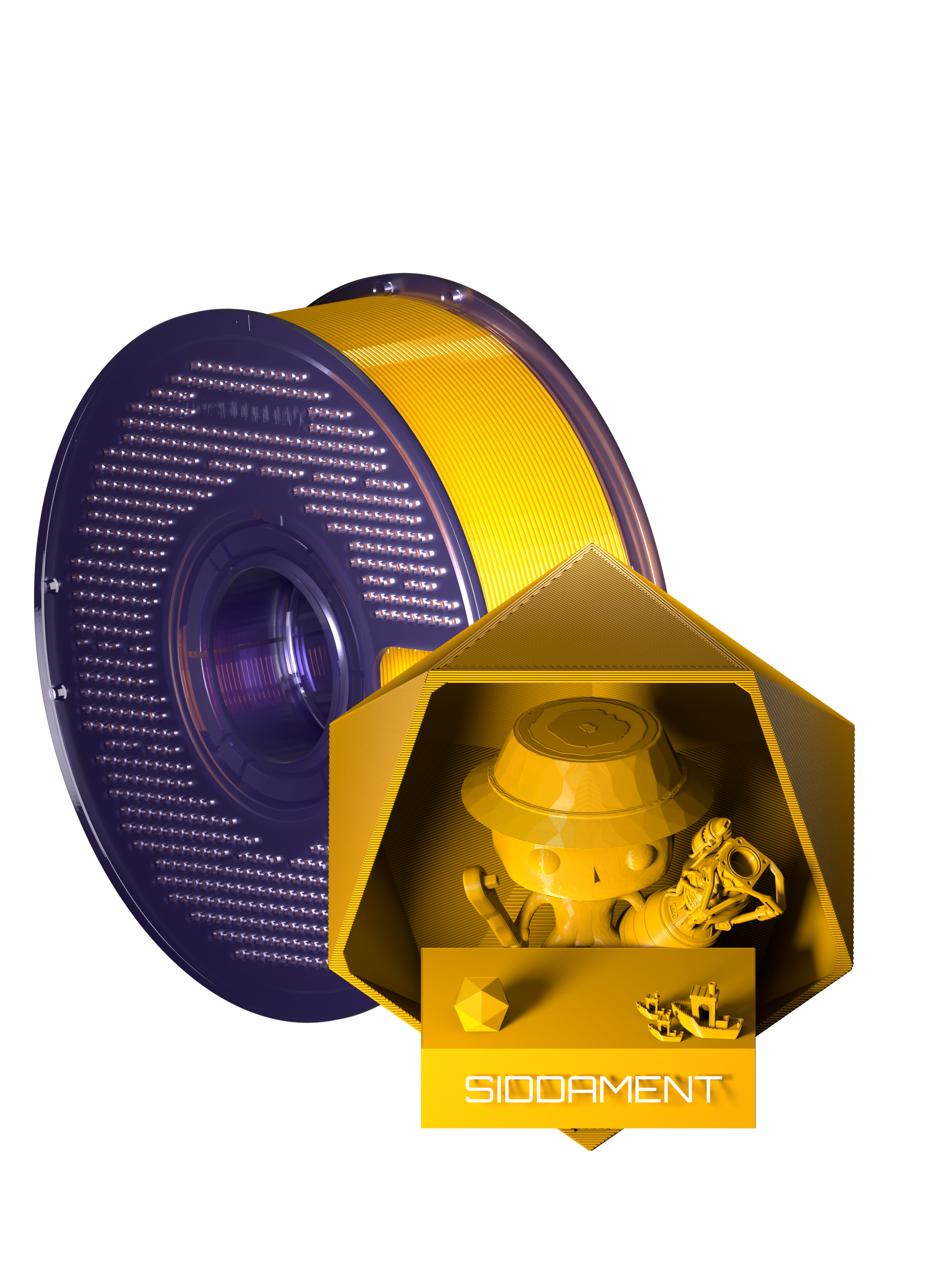 DeWhat Yellow PCTG filament on a transparent purple SIDDAMENT spool