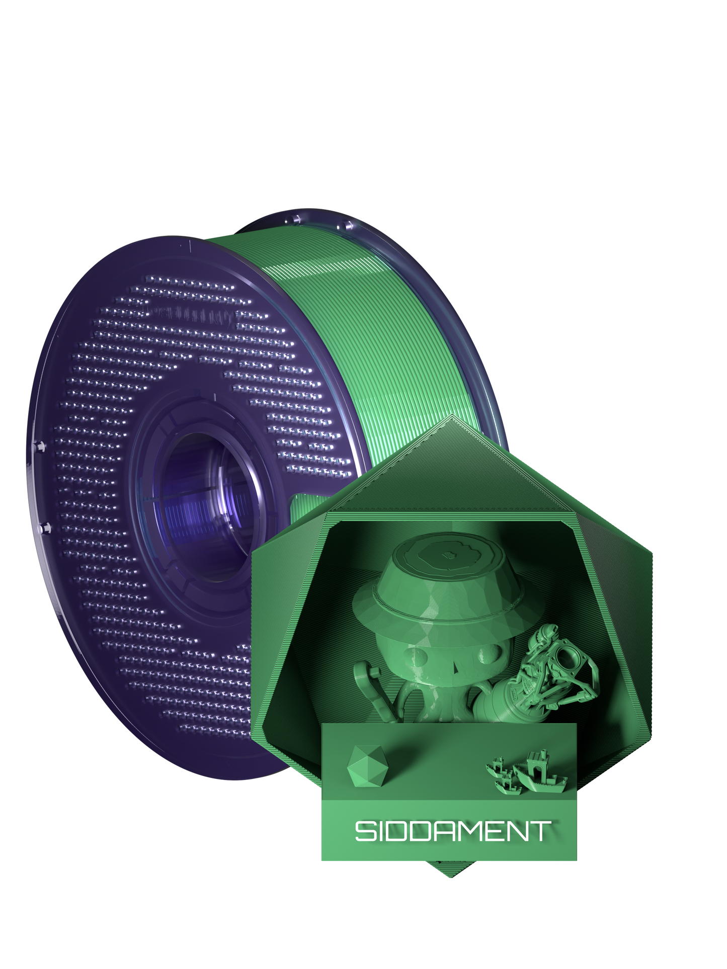Leaf Green PCTG filament on a transparent purple SIDDAMENT spool