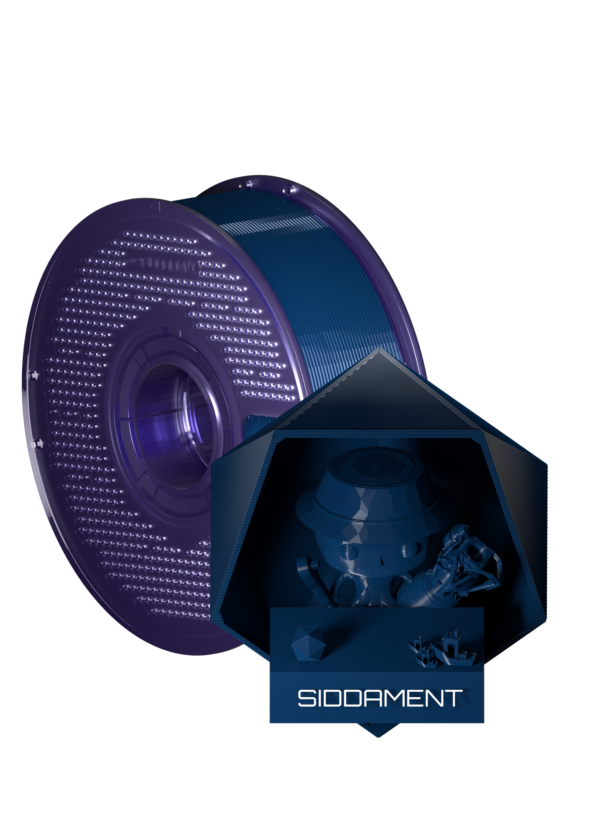 Ox Blue PCTG filament on a transparent purple SIDDAMENT spool