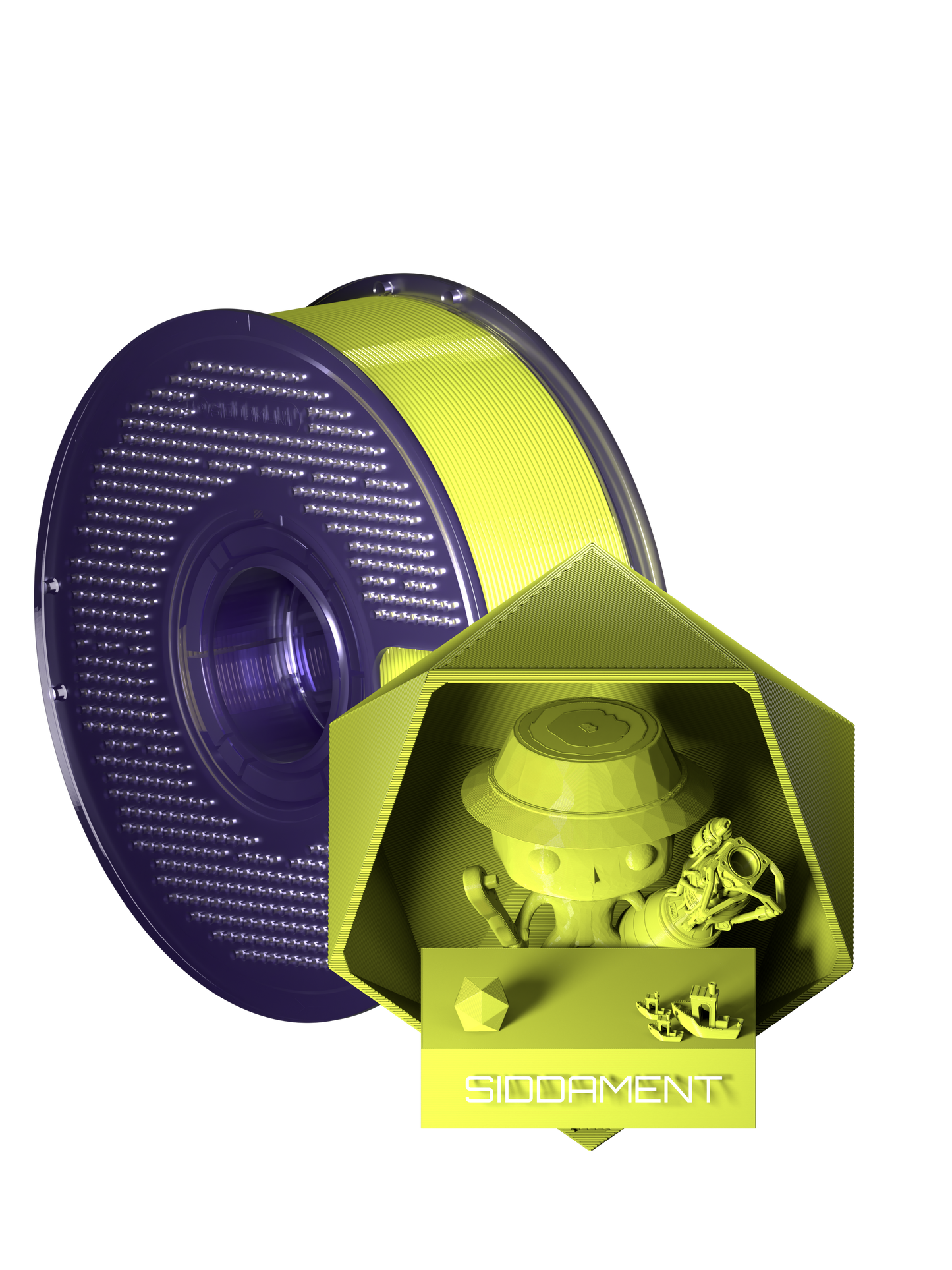 Tool Green PCTG filament on a transparent purple SIDDAMENT spool