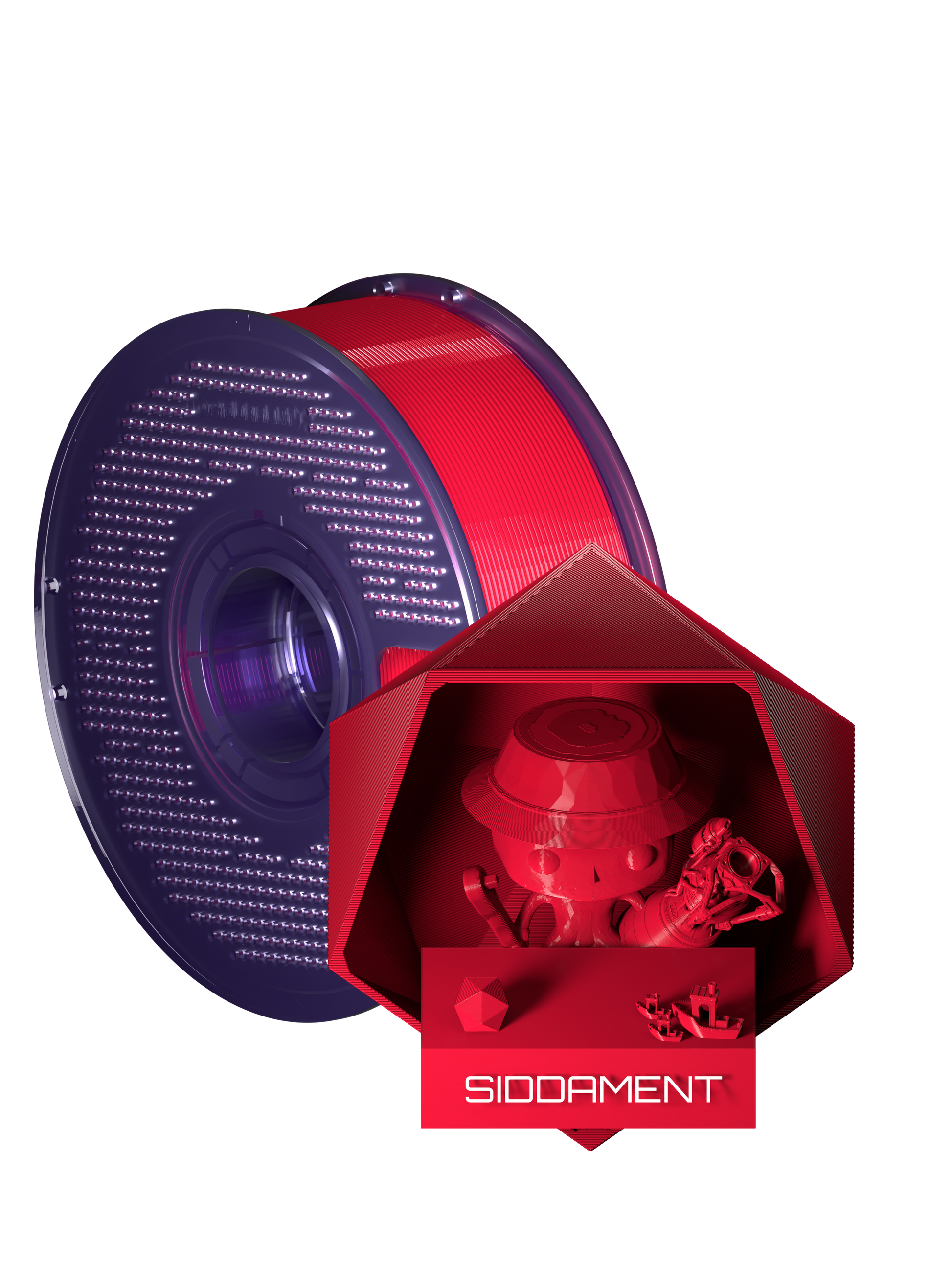 Tool Red PCTG filament on a transparent purple SIDDAMENT spool