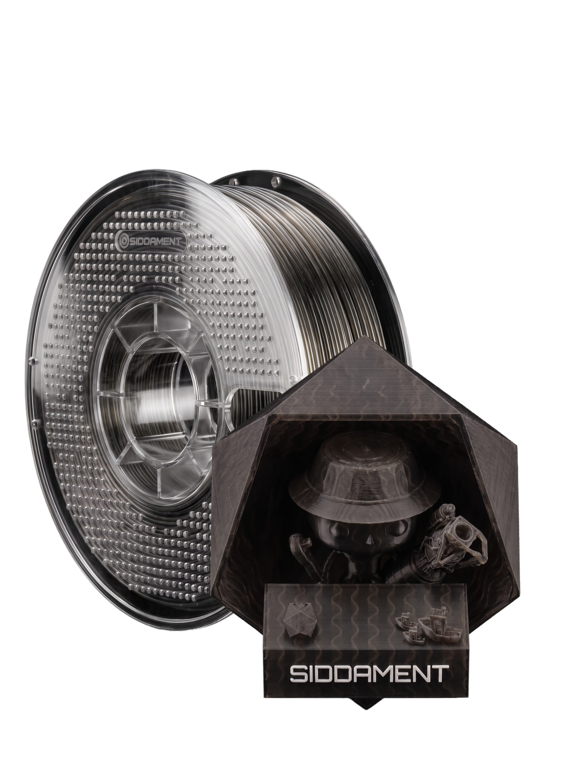 Translucent Black PLA V2 on a SIDDAMENT spool with a translucent printed figure