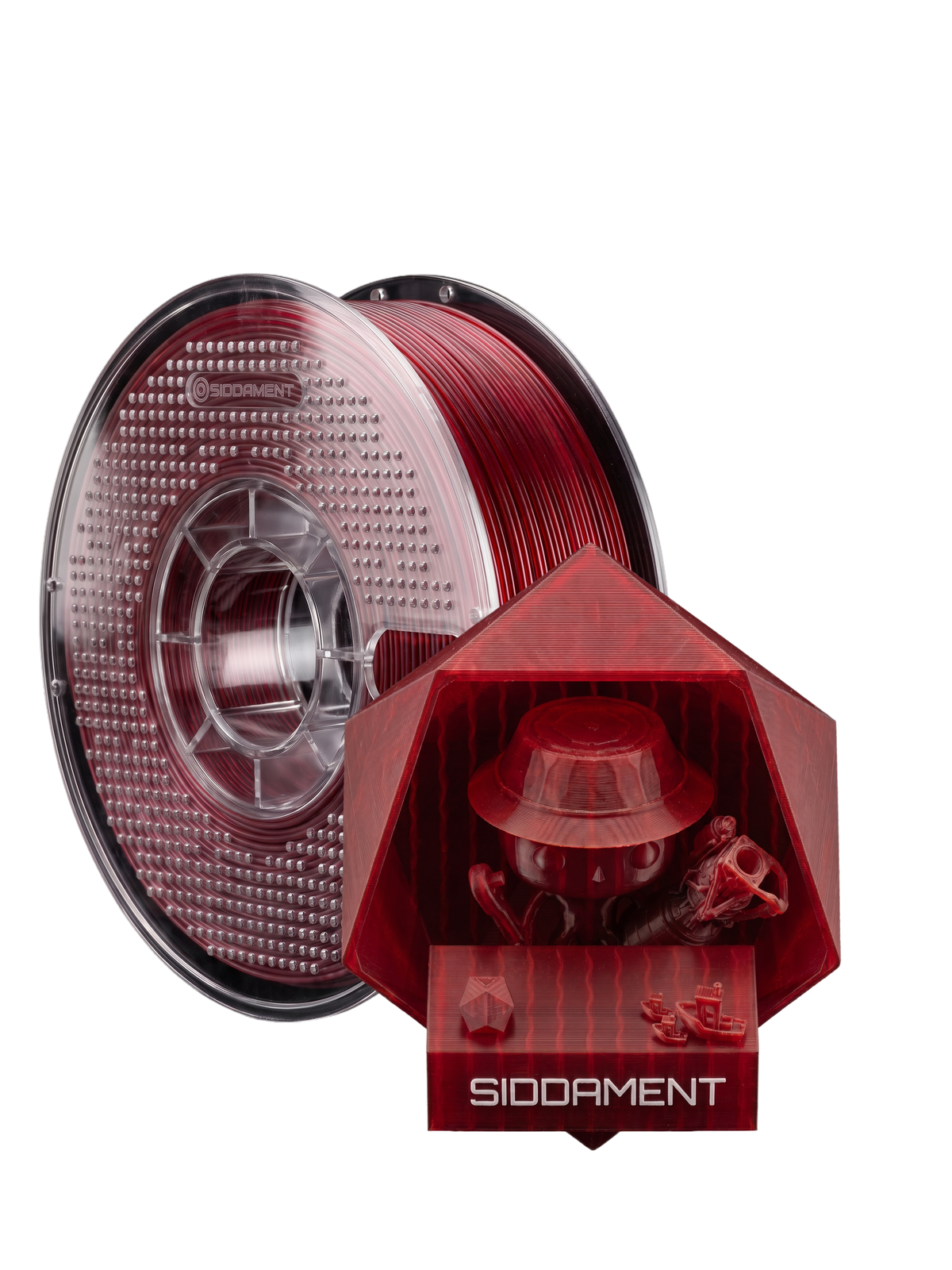 Translucent Blood Red PLA V2 on a SIDDAMENT spool with a translucent printed figure