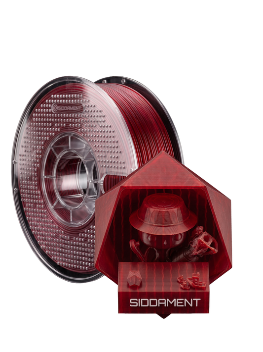 Translucent Blood Red PLA V2 on a SIDDAMENT spool with a translucent printed figure