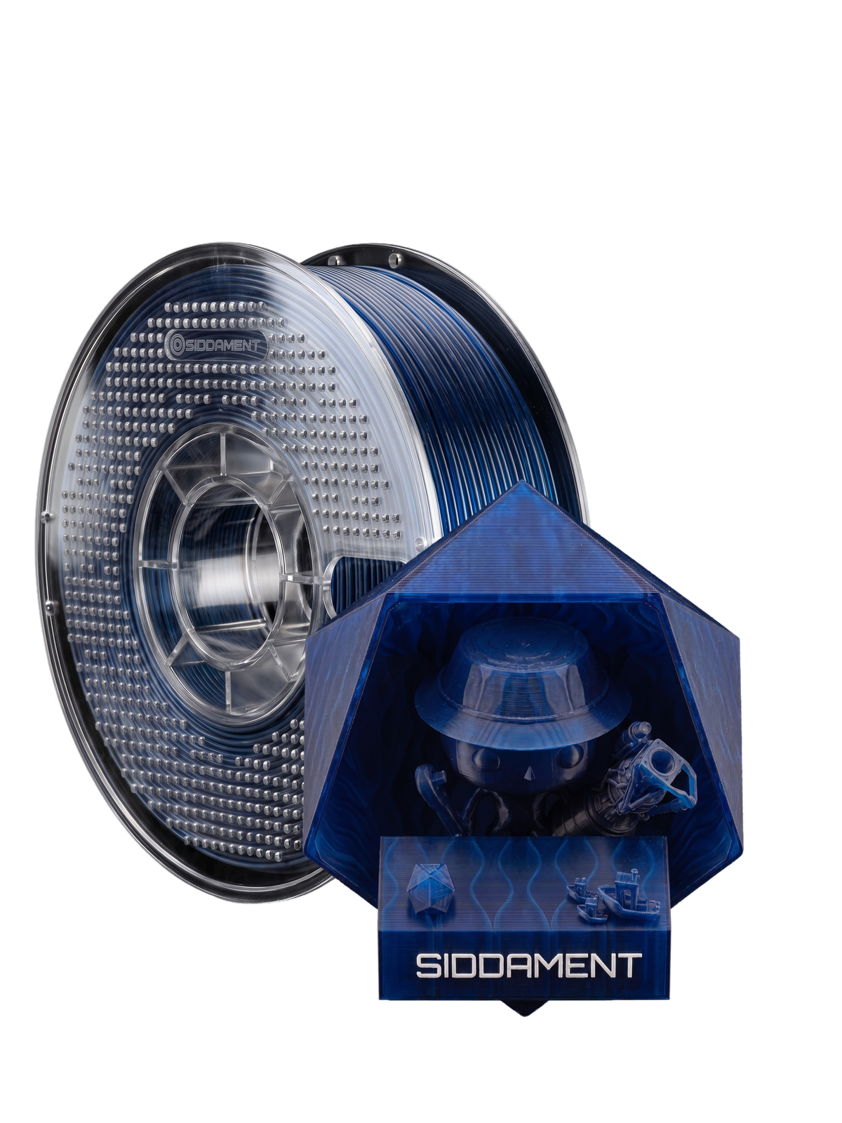 Translucent Dark Blue PLA V2 on a SIDDAMENT spool with a translucent printed figure