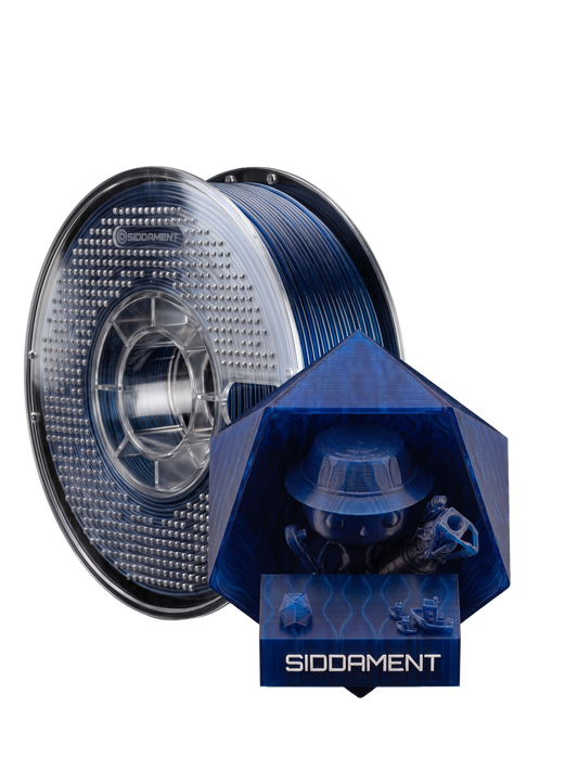 Translucent Dark Blue PLA V2 on a SIDDAMENT spool with a translucent printed figure