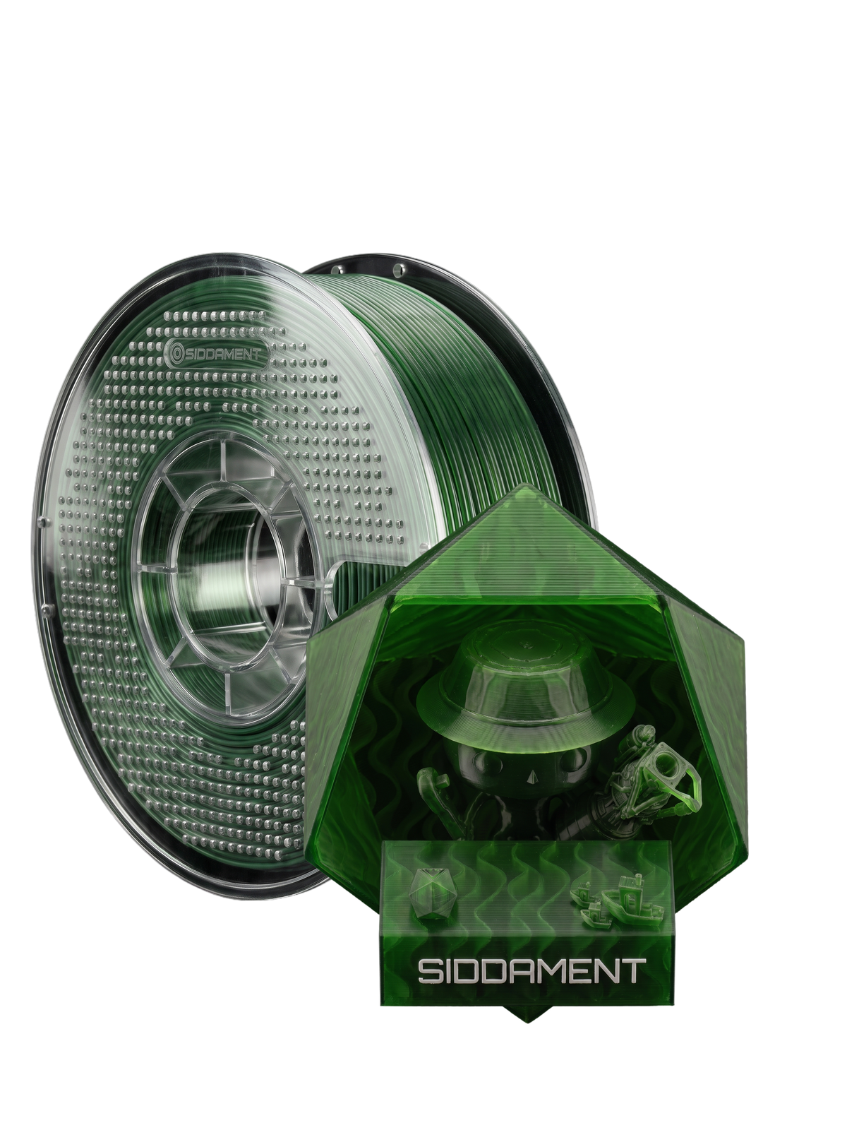 Translucent Green PLA V2 on a SIDDAMENT spool with a translucent printed figure