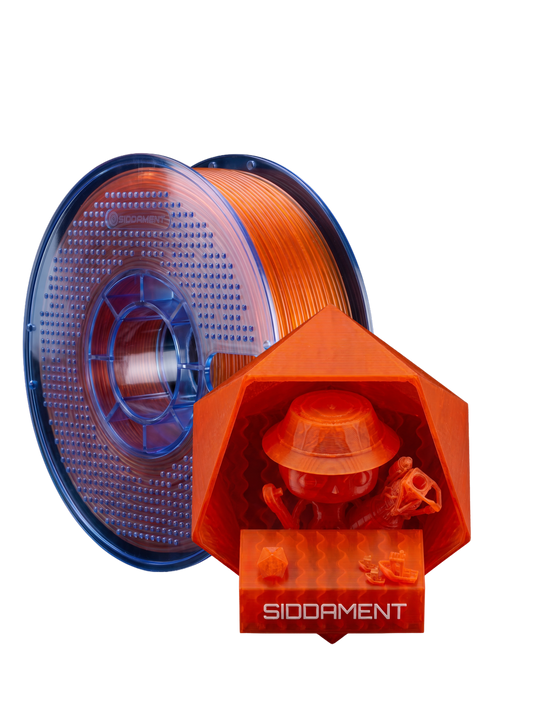 Translucent Orange PETG V2 on a SIDDAMENT spool with a translucent printed figure