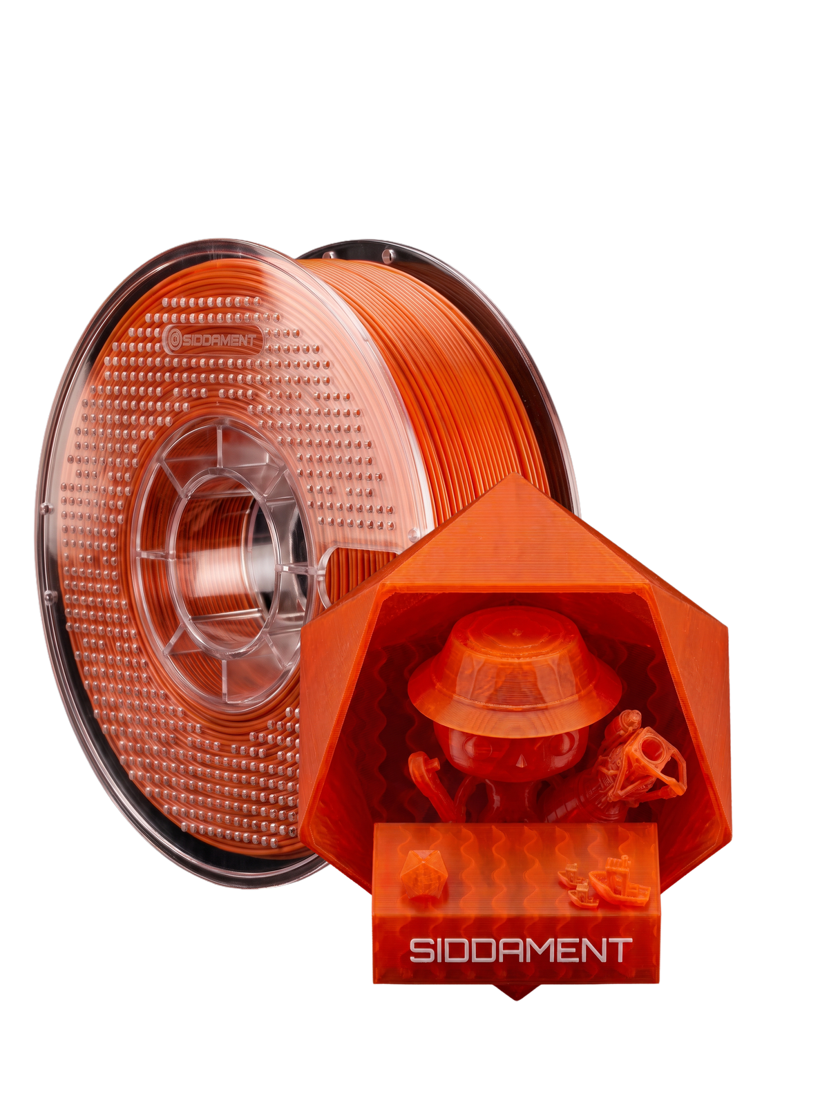Translucent Orange PLA V2 on a SIDDAMENT spool with a translucent printed figure