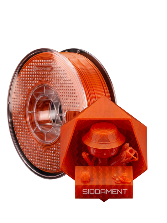 Translucent Orange PLA V2 on a SIDDAMENT spool with a translucent printed figure