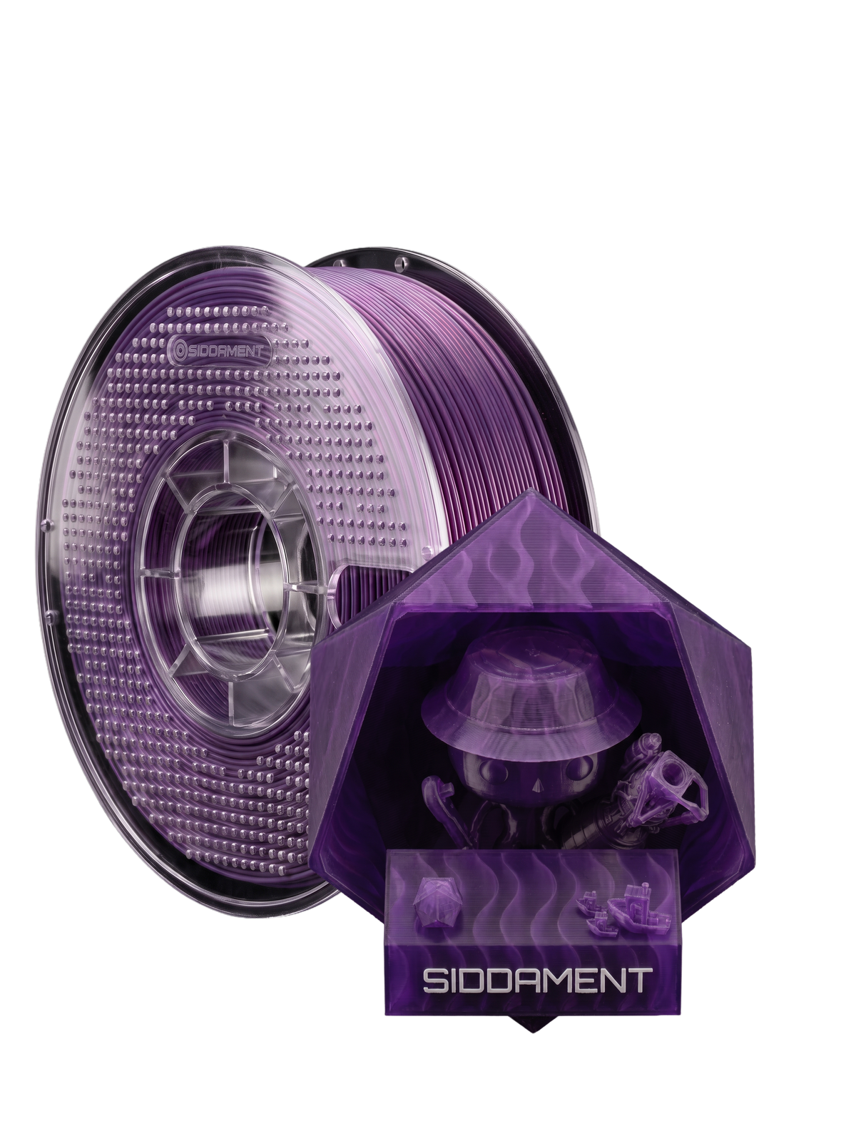 Translucent Purple PLA V2 on a SIDDAMENT spool with a translucent printed figure
