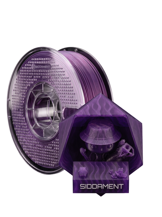 Translucent Purple PLA V2 on a SIDDAMENT spool with a translucent printed figure
