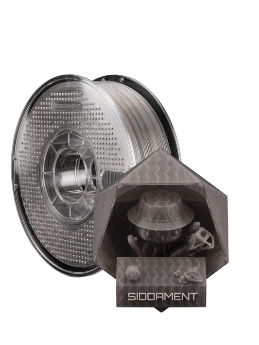 Translucent Storm Grey PLA V2 on a SIDDAMENT spool with a translucent printed figure