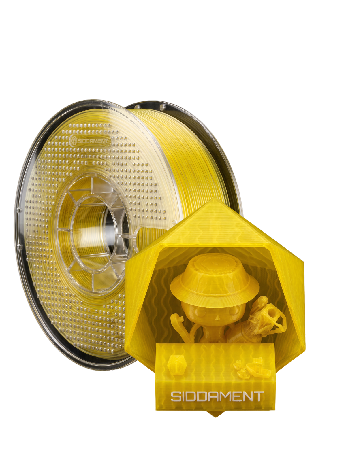 Translucent Yellow PLA V2 on a SIDDAMENT spool with a translucent printed figure